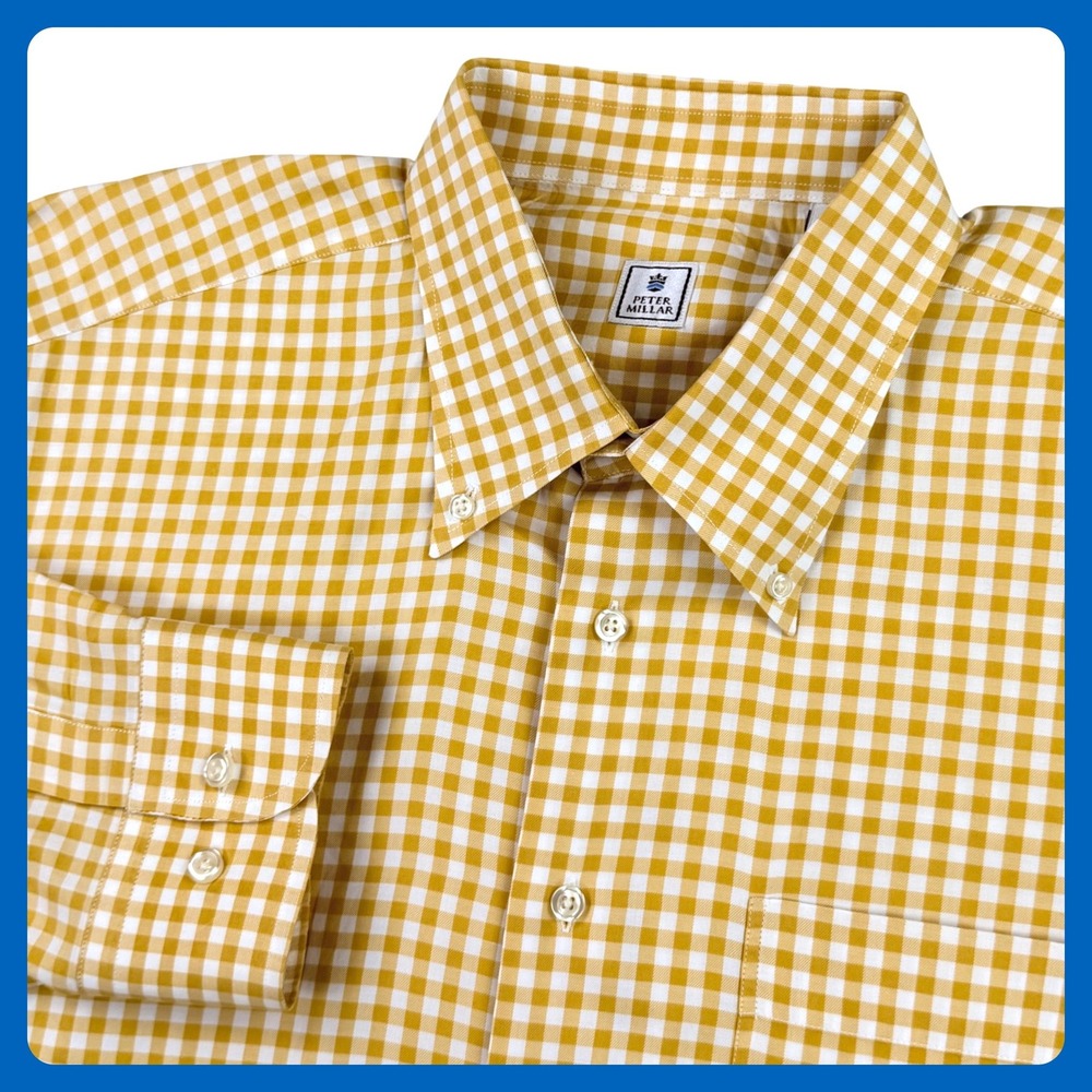 Peter Millar Button Down Shirt Men XL Yellow Gingham Check Cotton Turkey